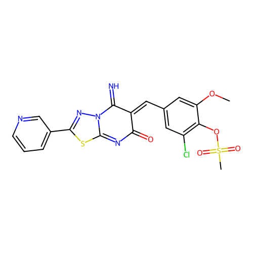 (Z)-2-chloro-4-((5-imino-7-oxo-2-(pyridin-3-yl)-5H-[1,3,4]thiadiazolo[3,2-a]pyrimidin-6(7H)-ylidene)methyl)-6-methoxyphenyl methanesulfonate structure
