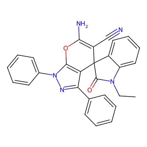 6'-amino-1-ethyl-2-oxo-1',3'-diphenyl-1,2-dihydro-1'H-spiro[indole-3,4'-pyrano[2,3-c]pyrazole]-5'-carbonitrile structure