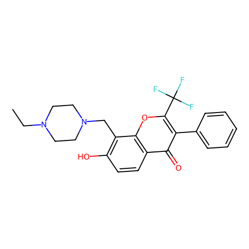 8-((4-ethylpiperazin-1-yl)methyl)-7-hydroxy-3-phenyl-2-(trifluoromethyl)-4H-chromen-4-one structure