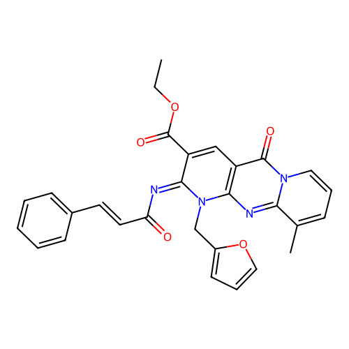 (Z)-ethyl 2-(cinnamoylimino)-1-(furan-2-ylmethyl)-10-methyl-5-oxo-2,5-dihydro-1H-dipyrido[1,2-a:2',3'-d]pyrimidine-3-carboxylate structure