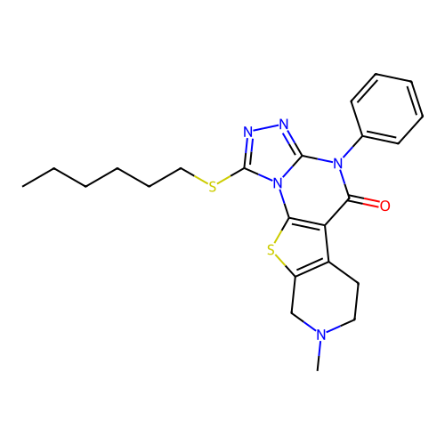 1-(hexylsulfanyl)-8-methyl-4-phenyl-6,7,8,9-tetrahydropyrido[4',3':4,5]thieno[3,2-e][1,2,4]triazolo[4,3-a]pyrimidin-5(4H)-one structure