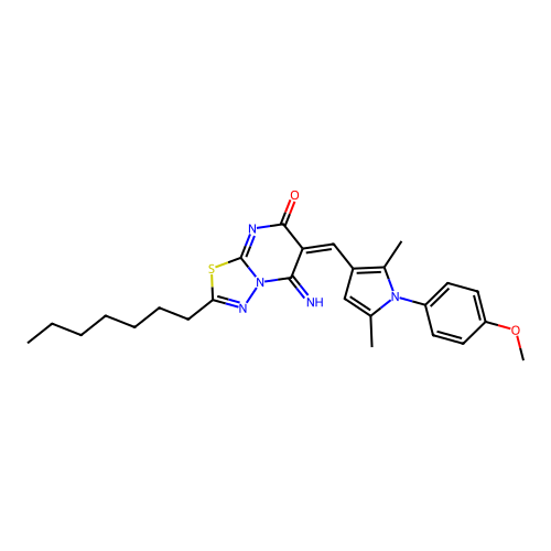 (6E)-2-heptyl-5-imino-6-[[1-(4-methoxyphenyl)-2,5-dimethylpyrrol-3-yl]methylidene]-[1,3,4]thiadiazolo[3,2-a]pyrimidin-7-one structure