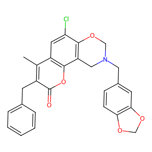 9-(1,3-benzodioxol-5-ylmethyl)-3-benzyl-6-chloro-4-methyl-9,10-dihydro-2H,8H-chromeno[8,7-e][1,3]oxazin-2-one structure