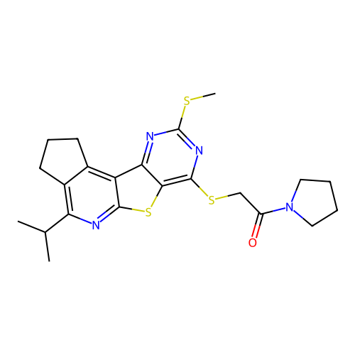 2-((4-isopropyl-9-(methylthio)-2,3-dihydro-1H-cyclopenta[4',5']pyrido[3',2':4,5]thieno[3,2-d]pyrimidin-7-yl)thio)-1-(pyrrolidin-1-yl)ethanone structure