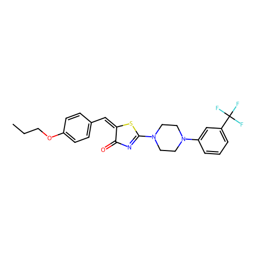 (5E)-5-(4-propoxybenzylidene)-2-{4-[3-(trifluoromethyl)phenyl]piperazin-1-yl}-1,3-thiazol-4(5H)-one structure