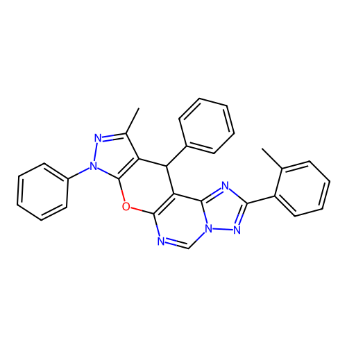 10-methyl-2-(2-methylphenyl)-8,11-diphenyl-8,11-dihydropyrazolo[4',3':5,6]pyrano[3,2-e][1,2,4]triazolo[1,5-c]pyrimidine structure