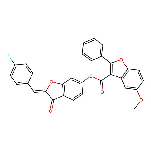 (2Z)-2-(4-fluorobenzylidene)-3-oxo-2,3-dihydro-1-benzofuran-6-yl 5-methoxy-2-phenyl-1-benzofuran-3-carboxylate structure