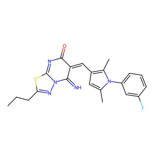 (6E)-6-[[1-(3-fluorophenyl)-2,5-dimethylpyrrol-3-yl]methylidene]-5-imino-2-propyl-[1,3,4]thiadiazolo[3,2-a]pyrimidin-7-one structure