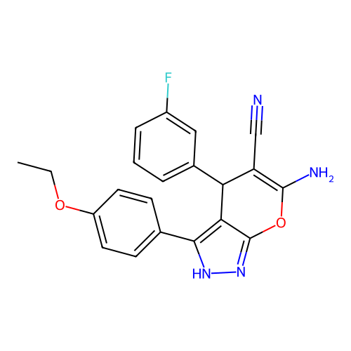 6-amino-3-(4-ethoxyphenyl)-4-(3-fluorophenyl)-1,4-dihydropyrano[2,3-c]pyrazole-5-carbonitrile structure