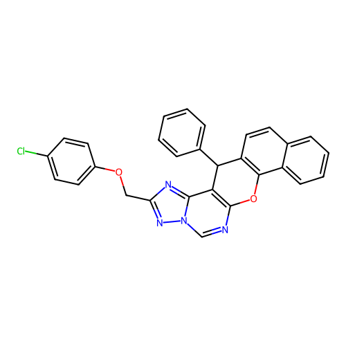 2-[(4-chlorophenoxy)methyl]-14-phenyl-14H-benzo[7,8]chromeno[3,2-e][1,2,4]triazolo[1,5-c]pyrimidine structure