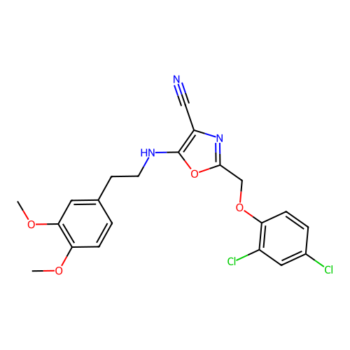 2-[(2,4-dichlorophenoxy)methyl]-5-[2-(3,4-dimethoxyphenyl)ethylamino]-1,3-oxazole-4-carbonitrile structure