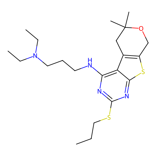 N'-[6,6-dimethyl-2-(propylsulfanyl)-5,8-dihydro-6H-pyrano[4',3':4,5]thieno[2,3-d]pyrimidin-4-yl]-N,N-diethylpropane-1,3-diamine structure