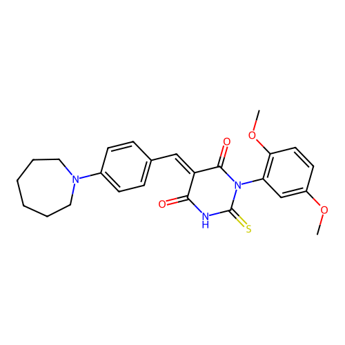 (5E)-5-[[4-(azepan-1-yl)phenyl]methylidene]-1-(2,5-dimethoxyphenyl)-2-sulfanylidene-1,3-diazinane-4,6-dione structure
