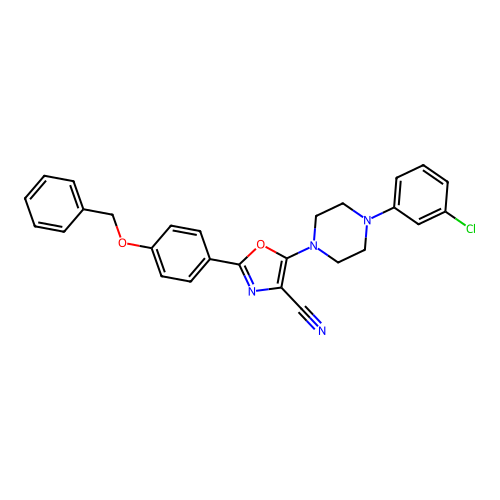 5-[4-(3-chlorophenyl)piperazin-1-yl]-2-(4-phenylmethoxyphenyl)-1,3-oxazole-4-carbonitrile structure