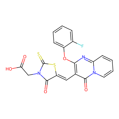 [(5Z)-5-{[2-(2-fluorophenoxy)-4-oxo-4H-pyrido[1,2-a]pyrimidin-3-yl]methylidene}-4-oxo-2-thioxo-1,3-thiazolidin-3-yl]acetic acid structure