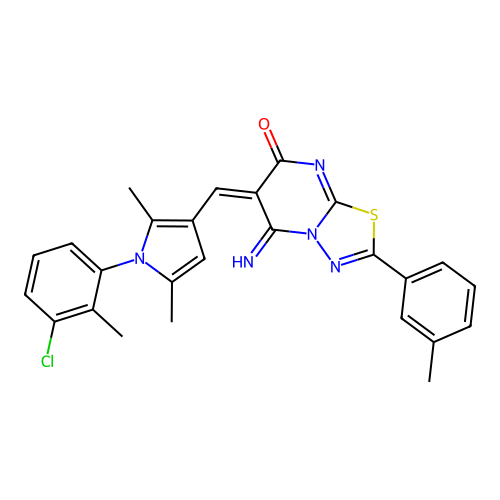 (E)-6-((1-(3-chloro-2-methylphenyl)-2,5-dimethyl-1H-pyrrol-3-yl)methylene)-5-imino-2-(m-tolyl)-5H-[1,3,4]thiadiazolo[3,2-a]pyrimidin-7(6H)-one structure