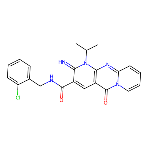 N-(2-chlorobenzyl)-2-imino-1-isopropyl-5-oxo-2,5-dihydro-1H-dipyrido[1,2-a:2',3'-d]pyrimidine-3-carboxamide structure