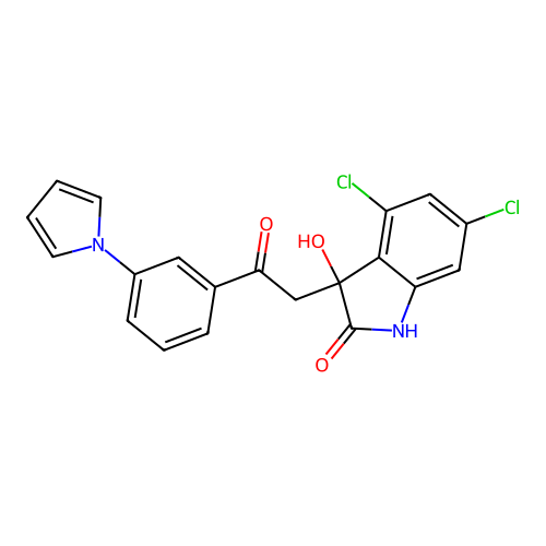 3-(2-(3-(1H-pyrrol-1-yl)phenyl)-2-oxoethyl)-4,6-dichloro-3-hydroxyindolin-2-one structure