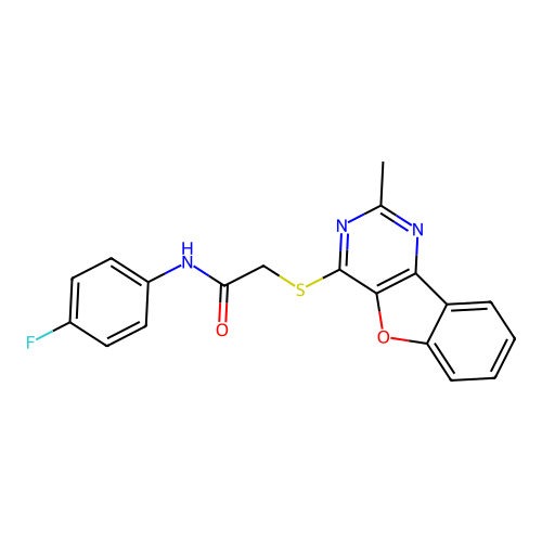N-(4-fluorophenyl)-2-[(2-methyl-4-benzofuro[3,2-d]pyrimidinyl)thio]acetamide structure