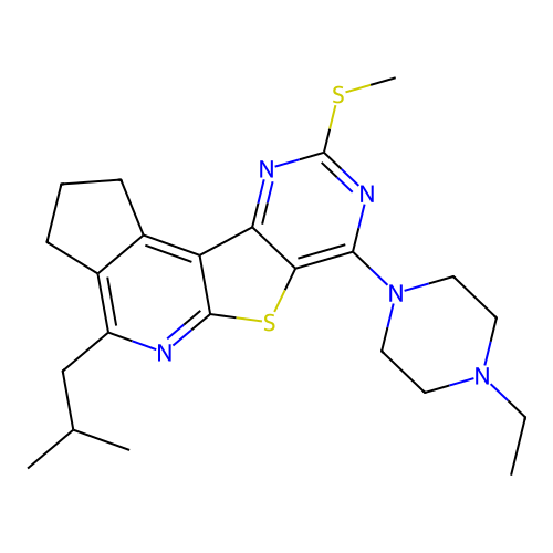 7-(4-ethylpiperazin-1-yl)-4-(2-methylpropyl)-9-(methylsulfanyl)-2,3-dihydro-1H-cyclopenta[4',5']pyrido[3',2':4,5]thieno[3,2-d]pyrimidine structure