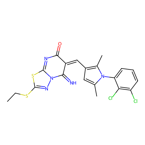 (6E)-6-[[1-(2,3-dichlorophenyl)-2,5-dimethylpyrrol-3-yl]methylidene]-2-ethylsulfanyl-5-imino-[1,3,4]thiadiazolo[3,2-a]pyrimidin-7-one structure