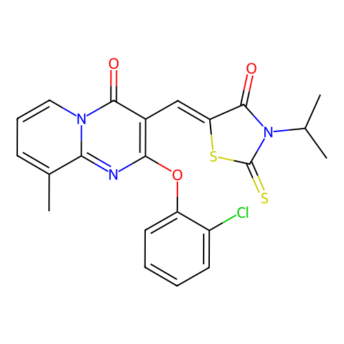 2-(2-chlorophenoxy)-9-methyl-3-{(Z)-[4-oxo-3-(propan-2-yl)-2-thioxo-1,3-thiazolidin-5-ylidene]methyl}-4H-pyrido[1,2-a]pyrimidin-4-one structure