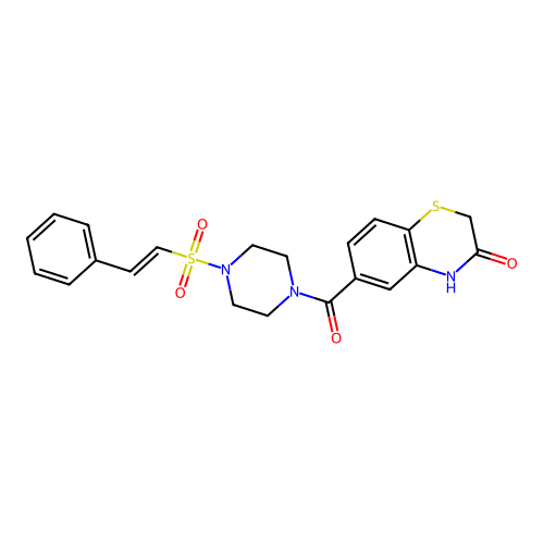 6-[4-(2-phenylethenesulfonyl)piperazine-1-carbonyl]-3,4-dihydro-2H-1,4-benzothiazin-3-one structure