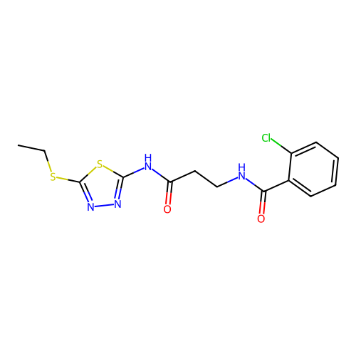 2-chloro-N-[3-[(5-ethylsulfanyl-1,3,4-thiadiazol-2-yl)amino]-3-oxopropyl]benzamide structure