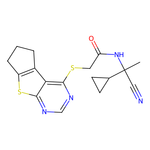 N-(1-cyano-1-cyclopropylethyl)-2-{7-thia-9,11-diazatricyclo[6.4.0.0,2,6]dodeca-1(12),2(6),8,10-tetraen-12-ylsulfanyl}acetamide structure