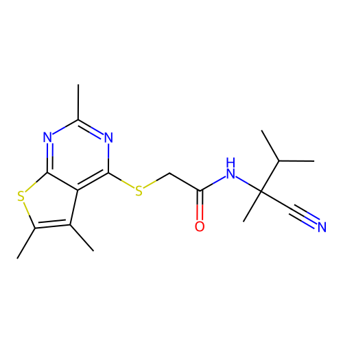 N-(1-cyano-1,2-dimethylpropyl)-2-({2,5,6-trimethylthieno[2,3-d]pyrimidin-4-yl}sulfanyl)acetamide structure