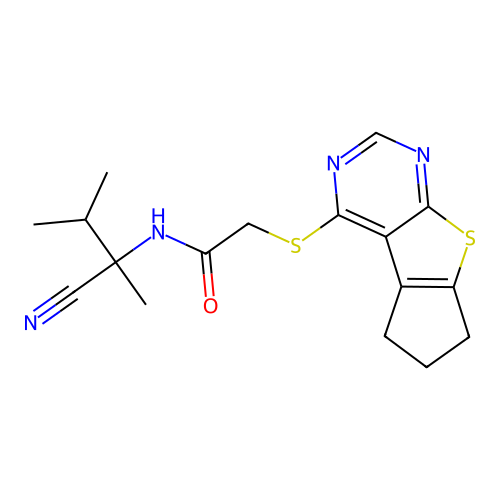 N-(1-cyano-1,2-dimethylpropyl)-2-{7-thia-9,11-diazatricyclo[6.4.0.0,2,6]dodeca-1(12),2(6),8,10-tetraen-12-ylsulfanyl}acetamide structure