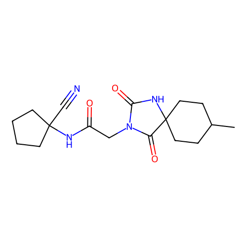 N-(1-cyanocyclopentyl)-2-(8-methyl-1,3-dioxo-2,4-diazaspiro[4.5]decan-2-yl)acetamide structure