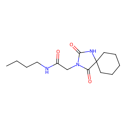 N-butyl-2-(2,4-dioxo-1,3-diazaspiro[4.5]dec-3-yl)acetamide structure