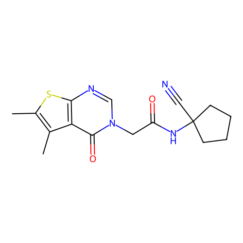 N-(1-cyanocyclopentyl)-2-(5,6-dimethyl-4-oxothieno[2,3-d]pyrimidin-3-yl)acetamide structure