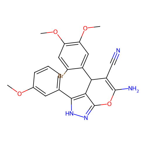 6-amino-4-(2-bromo-4,5-dimethoxyphenyl)-3-(3-methoxyphenyl)-2,4-dihydropyrano[2,3-c]pyrazole-5-carbonitrile structure