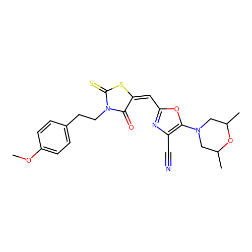 (E)-5-(2,6-dimethylmorpholino)-2-((3-(4-methoxyphenethyl)-4-oxo-2-thioxothiazolidin-5-ylidene)methyl)oxazole-4-carbonitrile structure
