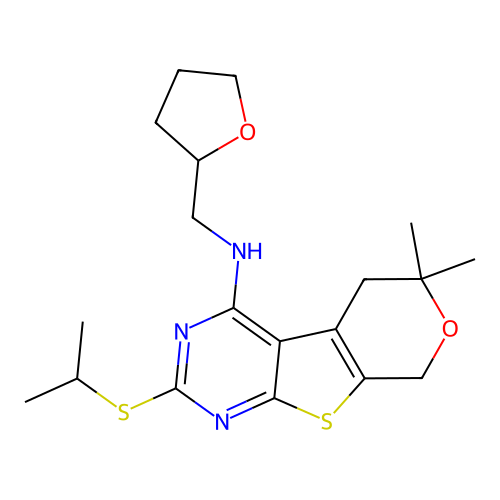 2-(isopropylthio)-6,6-dimethyl-N-((tetrahydrofuran-2-yl)methyl)-6,8-dihydro-5H-pyrano[4',3':4,5]thieno[2,3-d]pyrimidin-4-amine structure