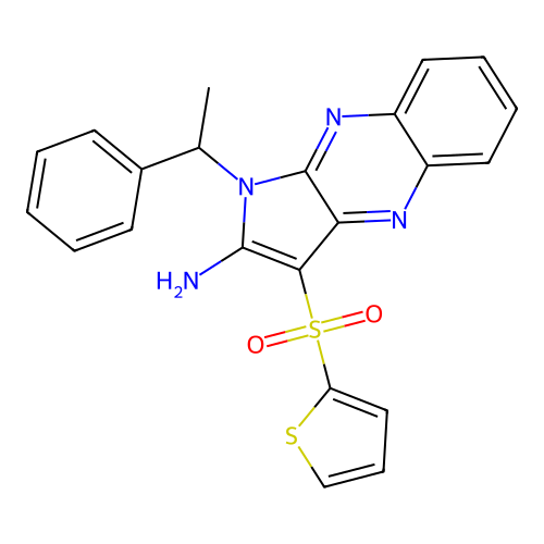 1-(1-phenylethyl)-3-(thiophen-2-ylsulfonyl)-1H-pyrrolo[2,3-b]quinoxalin-2-amine structure