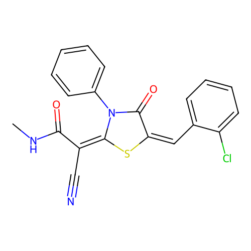 (2E)-2-[(5E)-5-[(2-chlorophenyl)methylidene]-4-oxo-3-phenyl-1,3-thiazolidin-2-ylidene]-2-cyano-N-methylacetamide structure