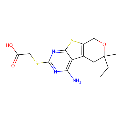 2-((4-amino-6-ethyl-6-methyl-6,8-dihydro-5H-pyrano[4',3':4,5]thieno[2,3-d]pyrimidin-2-yl)thio)acetic acid structure