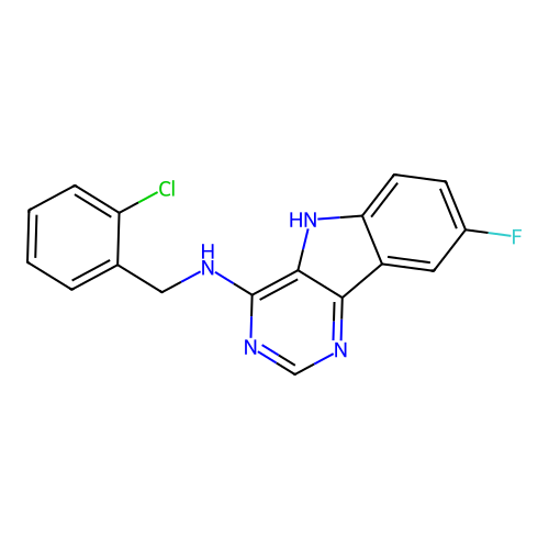 N-(2-chlorobenzyl)-8-fluoro-5H-pyrimido[5,4-b]indol-4-amine structure