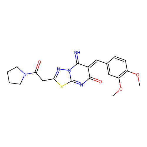 (6Z)-6-(3,4-dimethoxybenzylidene)-5-imino-2-[2-oxo-2-(pyrrolidin-1-yl)ethyl]-5,6-dihydro-7H-[1,3,4]thiadiazolo[3,2-a]pyrimidin-7-one structure