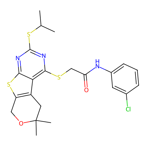N-(3-chlorophenyl)-2-((2-(isopropylthio)-6,6-dimethyl-6,8-dihydro-5H-pyrano[4',3':4,5]thieno[2,3-d]pyrimidin-4-yl)thio)acetamide structure