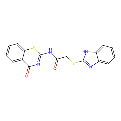 2-(1H-benzimidazol-2-ylsulfanyl)-N-(4-oxo-4H-1,3-benzothiazin-2-yl)acetamide structure