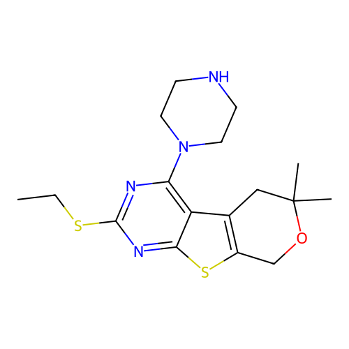2-(ethylsulfanyl)-6,6-dimethyl-4-(piperazin-1-yl)-5,8-dihydro-6H-pyrano[4',3':4,5]thieno[2,3-d]pyrimidine structure