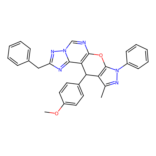 2-benzyl-11-(4-methoxyphenyl)-10-methyl-8-phenyl-8,11-dihydropyrazolo[4',3':5,6]pyrano[3,2-e][1,2,4]triazolo[1,5-c]pyrimidine structure