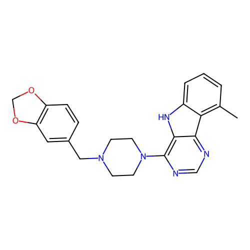 4-[4-(1,3-benzodioxol-5-ylmethyl)piperazin-1-yl]-9-methyl-5H-pyrimido[5,4-b]indole structure