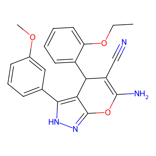 6-amino-4-(2-ethoxyphenyl)-3-(3-methoxyphenyl)-1,4-dihydropyrano[2,3-c]pyrazole-5-carbonitrile structure