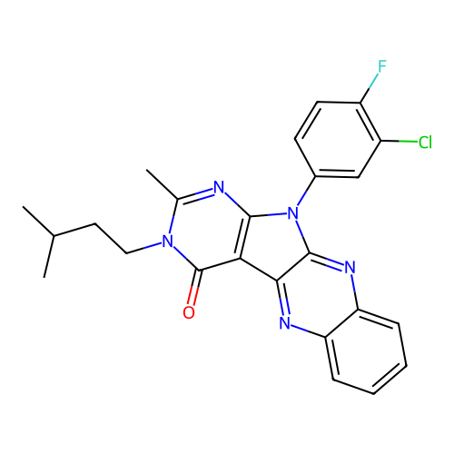 11-(3-chloro-4-fluorophenyl)-2-methyl-3-(3-methylbutyl)-3,11-dihydro-4H-pyrimido[5',4':4,5]pyrrolo[2,3-b]quinoxalin-4-one structure