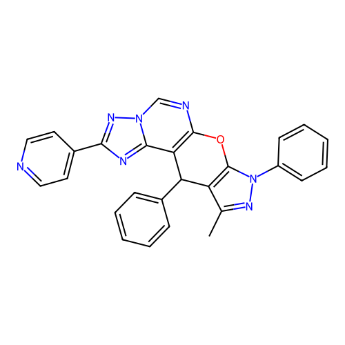 10-methyl-8,11-diphenyl-2-(pyridin-4-yl)-8,11-dihydropyrazolo[4',3':5,6]pyrano[3,2-e][1,2,4]triazolo[1,5-c]pyrimidine structure